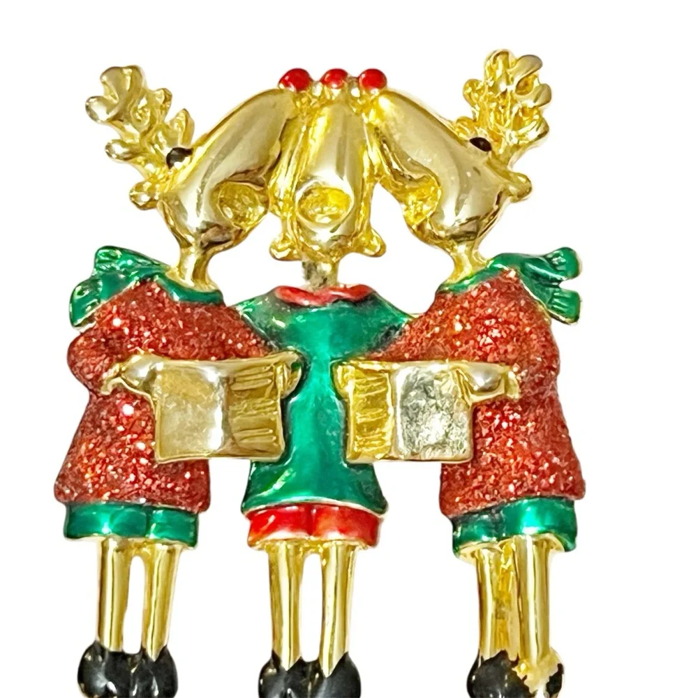 Vintage AJC Gold Tone Enamel Caroling Reindeer Christmas Brooch 2”
